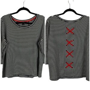 Tribal Black & White Striped Top XXL Red Crisscross Back 3/4 Sleeve Casual